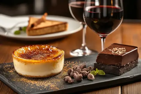 Un délice sucré : crème brûlée, gâteau au chocolat et deux verres de vin rouge. Quel vin rouge avec dessert ? L'accord parfait pour un moment gourmand.