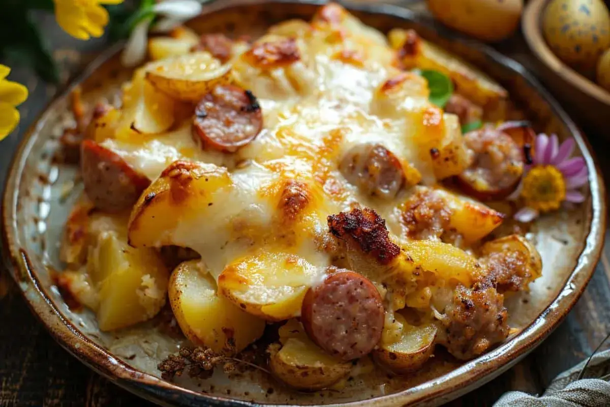 Un délicieux gratin de pommes de terre et saucisses, gratiné au fromage fondant, servi dans une assiette rustique.